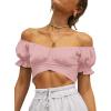 imageLYANER Womens Ruffle Short Sleeve Tie Up Back Crop Top Off Shoulder Bardot BlouseBaby Pink