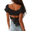 imageLYANER Womens Ruffle Short Sleeve Tie Up Back Crop Top Off Shoulder Bardot BlouseBlack