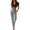 imageLYANER Womens Ruffle Short Sleeve Tie Up Back Crop Top Off Shoulder Bardot BlouseBlack