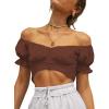 imageLYANER Womens Ruffle Short Sleeve Tie Up Back Crop Top Off Shoulder Bardot BlouseBrown