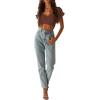 imageLYANER Womens Ruffle Short Sleeve Tie Up Back Crop Top Off Shoulder Bardot BlouseBrown