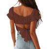 imageLYANER Womens Ruffle Short Sleeve Tie Up Back Crop Top Off Shoulder Bardot BlouseBrown