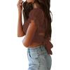 imageLYANER Womens Ruffle Short Sleeve Tie Up Back Crop Top Off Shoulder Bardot BlouseBrown