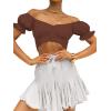 imageLYANER Womens Ruffle Short Sleeve Tie Up Back Crop Top Off Shoulder Bardot BlouseBrown