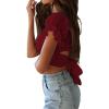 imageLYANER Womens Ruffle Short Sleeve Tie Up Back Crop Top Off Shoulder Bardot BlouseBurgundy
