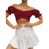 imageLYANER Womens Ruffle Short Sleeve Tie Up Back Crop Top Off Shoulder Bardot BlouseBurgundy