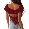 imageLYANER Womens Ruffle Short Sleeve Tie Up Back Crop Top Off Shoulder Bardot BlouseBurgundy