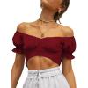 imageLYANER Womens Ruffle Short Sleeve Tie Up Back Crop Top Off Shoulder Bardot BlouseBurgundy