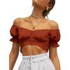 imageLYANER Womens Ruffle Short Sleeve Tie Up Back Crop Top Off Shoulder Bardot BlouseCaramel