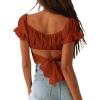 imageLYANER Womens Ruffle Short Sleeve Tie Up Back Crop Top Off Shoulder Bardot BlouseCaramel