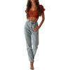 imageLYANER Womens Ruffle Short Sleeve Tie Up Back Crop Top Off Shoulder Bardot BlouseCaramel