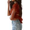imageLYANER Womens Ruffle Short Sleeve Tie Up Back Crop Top Off Shoulder Bardot BlouseCaramel