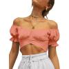 imageLYANER Womens Ruffle Short Sleeve Tie Up Back Crop Top Off Shoulder Bardot BlouseCoral Pink