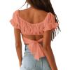 imageLYANER Womens Ruffle Short Sleeve Tie Up Back Crop Top Off Shoulder Bardot BlouseCoral Pink