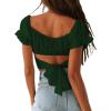 imageLYANER Womens Ruffle Short Sleeve Tie Up Back Crop Top Off Shoulder Bardot BlouseDark Green