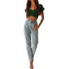 imageLYANER Womens Ruffle Short Sleeve Tie Up Back Crop Top Off Shoulder Bardot BlouseDark Green
