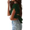 imageLYANER Womens Ruffle Short Sleeve Tie Up Back Crop Top Off Shoulder Bardot BlouseDark Green