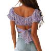 imageLYANER Womens Ruffle Short Sleeve Tie Up Back Crop Top Off Shoulder Bardot BlouseFloral Purple1