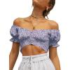 imageLYANER Womens Ruffle Short Sleeve Tie Up Back Crop Top Off Shoulder Bardot BlouseFloral Purple1