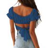 imageLYANER Womens Ruffle Short Sleeve Tie Up Back Crop Top Off Shoulder Bardot BlouseFrench Blue