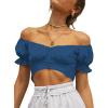 imageLYANER Womens Ruffle Short Sleeve Tie Up Back Crop Top Off Shoulder Bardot BlouseFrench Blue