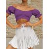 imageLYANER Womens Ruffle Short Sleeve Tie Up Back Crop Top Off Shoulder Bardot BlouseGrape Purple