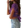 imageLYANER Womens Ruffle Short Sleeve Tie Up Back Crop Top Off Shoulder Bardot BlouseGrape Purple
