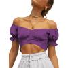 imageLYANER Womens Ruffle Short Sleeve Tie Up Back Crop Top Off Shoulder Bardot BlouseGrape Purple