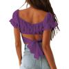 imageLYANER Womens Ruffle Short Sleeve Tie Up Back Crop Top Off Shoulder Bardot BlouseGrape Purple