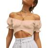 imageLYANER Womens Ruffle Short Sleeve Tie Up Back Crop Top Off Shoulder Bardot BlouseKhaki