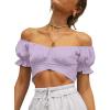 imageLYANER Womens Ruffle Short Sleeve Tie Up Back Crop Top Off Shoulder Bardot BlouseLavender
