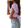 imageLYANER Womens Ruffle Short Sleeve Tie Up Back Crop Top Off Shoulder Bardot BlouseLavender