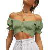 imageLYANER Womens Ruffle Short Sleeve Tie Up Back Crop Top Off Shoulder Bardot BlouseLight Green