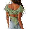 imageLYANER Womens Ruffle Short Sleeve Tie Up Back Crop Top Off Shoulder Bardot BlouseLight Green