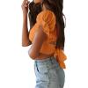 imageLYANER Womens Ruffle Short Sleeve Tie Up Back Crop Top Off Shoulder Bardot BlouseLight Orange