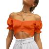 imageLYANER Womens Ruffle Short Sleeve Tie Up Back Crop Top Off Shoulder Bardot BlouseNeon Orange