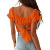 imageLYANER Womens Ruffle Short Sleeve Tie Up Back Crop Top Off Shoulder Bardot BlouseNeon Orange
