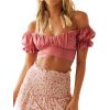 imageLYANER Womens Ruffle Short Sleeve Tie Up Back Crop Top Off Shoulder Bardot BlousePink