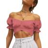 imageLYANER Womens Ruffle Short Sleeve Tie Up Back Crop Top Off Shoulder Bardot BlousePink