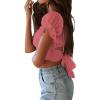 imageLYANER Womens Ruffle Short Sleeve Tie Up Back Crop Top Off Shoulder Bardot BlousePink