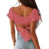 imageLYANER Womens Ruffle Short Sleeve Tie Up Back Crop Top Off Shoulder Bardot BlousePink