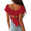 imageLYANER Womens Ruffle Short Sleeve Tie Up Back Crop Top Off Shoulder Bardot BlouseRed