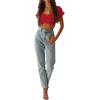 imageLYANER Womens Ruffle Short Sleeve Tie Up Back Crop Top Off Shoulder Bardot BlouseRed