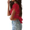 imageLYANER Womens Ruffle Short Sleeve Tie Up Back Crop Top Off Shoulder Bardot BlouseRed