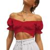 imageLYANER Womens Ruffle Short Sleeve Tie Up Back Crop Top Off Shoulder Bardot BlouseRed