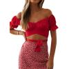 imageLYANER Womens Ruffle Short Sleeve Tie Up Back Crop Top Off Shoulder Bardot BlouseRed