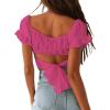 imageLYANER Womens Ruffle Short Sleeve Tie Up Back Crop Top Off Shoulder Bardot BlouseRose