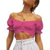 imageLYANER Womens Ruffle Short Sleeve Tie Up Back Crop Top Off Shoulder Bardot BlouseRose