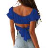 imageLYANER Womens Ruffle Short Sleeve Tie Up Back Crop Top Off Shoulder Bardot BlouseRoyal Blue