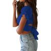 imageLYANER Womens Ruffle Short Sleeve Tie Up Back Crop Top Off Shoulder Bardot BlouseRoyal Blue